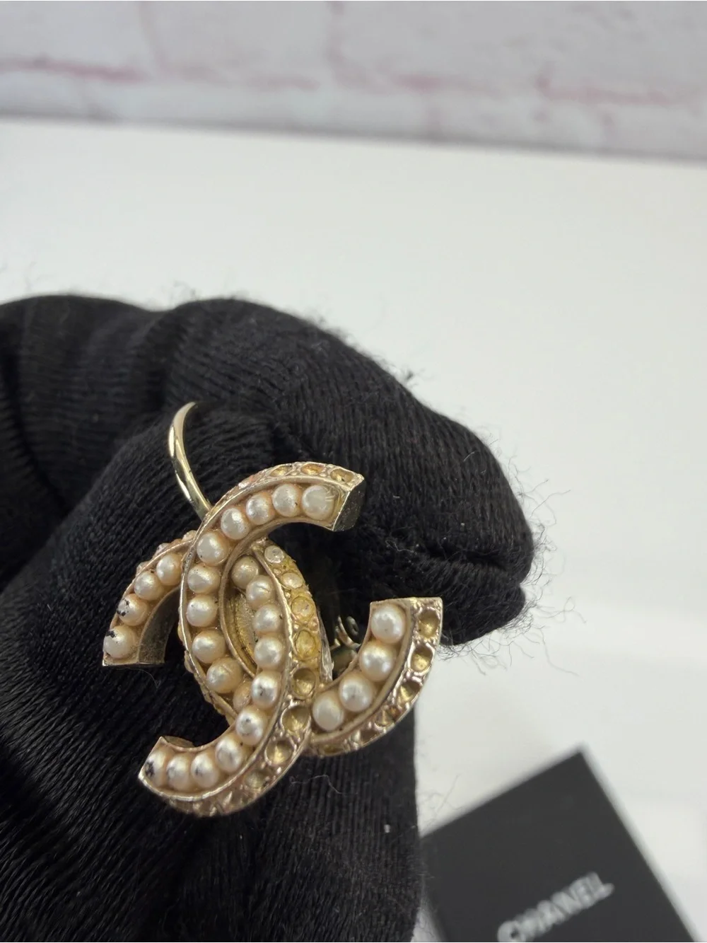 Authentic Chanel Interlocking CC Faux Pearl Hoop Earrings Gold Tone